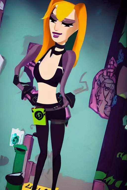 Prompt: full - body behind the scenes photo of bella thorne as gwen from total drama island, teal hair, goth aesthetic, focus on facial details, focus on full - body, cinematic lighting, realistic shadows