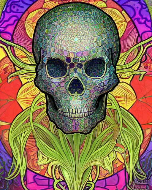 Image similar to Carved alien skull art surrounded by varities of corn, cell shading, voronoi, fibonacci sequence, sacred geometry by Alphonse Mucha, Moebius, hiroshi yoshida, Art Nouveau, colorful, ultradetailed, vivid colour, 3d