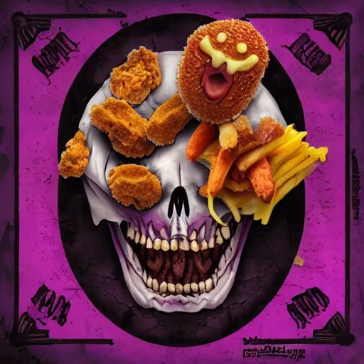 Image similar to grimace reaper, blood and nuggets fast food death metal album cover