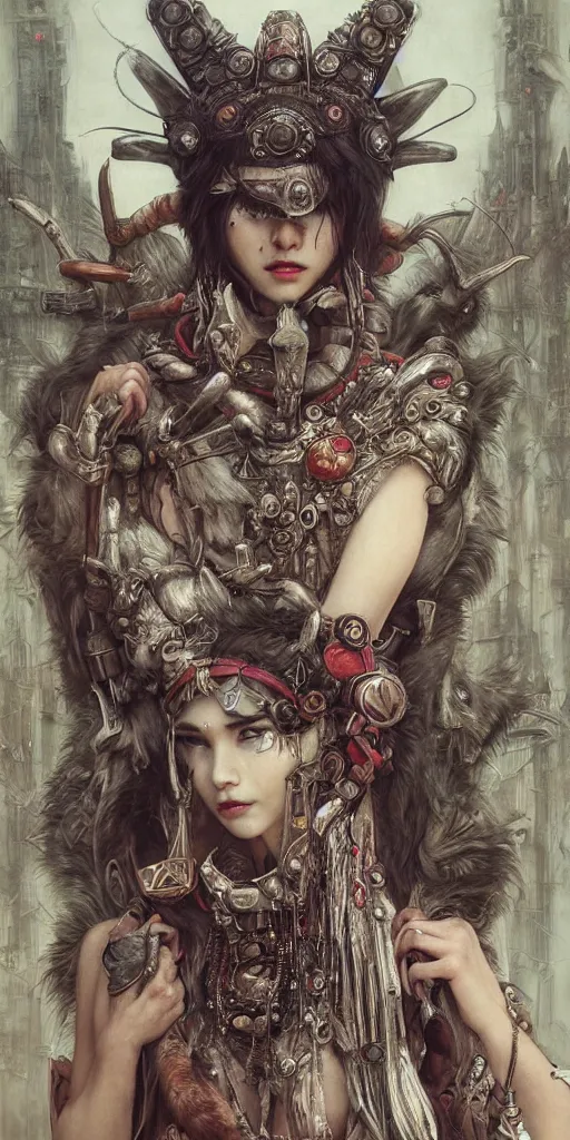 Image similar to hyper realistic Princess Mononoke, ornate mask, wet market street, cyberpunk metropolis, city landscape, jewels, full body pose, wolves, style of tom bagshaw, mucha, james gurney, norman rockwell, denoised, sharp