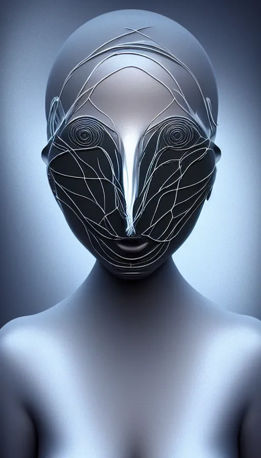 Image similar to a one woman with a futuristic mask on her face, a surrealist sculpture by alexander mcqueen, trending on pinterest, plasticien, biomorphic, made of plastic, a computer rendering by bedwyr williams, featured on zbrush central, holography, multiple exposure, glitch art, glitchy