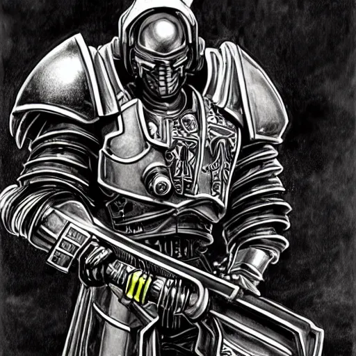 Prompt: a cyberpunk paladin from warhammer 4 0 k in very heavy silver armor wearing a crusaders helmet he is holding a large long sword in a cyberpunk setting, comic book art, cyberpunk, art by stan lee, pen drawing, inked, colorful, bright high tech lights, dark, moody, dramatic, deep shadows, marvel comics, dc comics