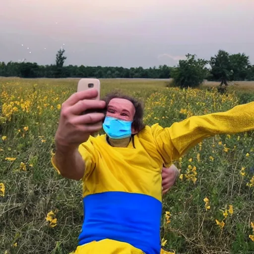 Image similar to 2 0 2 2 last selfie of last alive of frightened funny ukrainian in yellow and blue clothes, trying to escape, badly injured from radiation to bones from a huge nuclear explosion at background, dead bodies everywhere