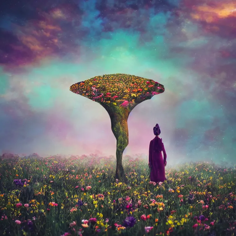 Image similar to a planet of various flowers, fungus and plants, in which the singular human figure is dressed in something magical and impressive, inside the picture is infinity, sunset light, Atmospheric phenomenon, artistic photography, muted colors, conceptual, long exposure outside the city, volumetric light