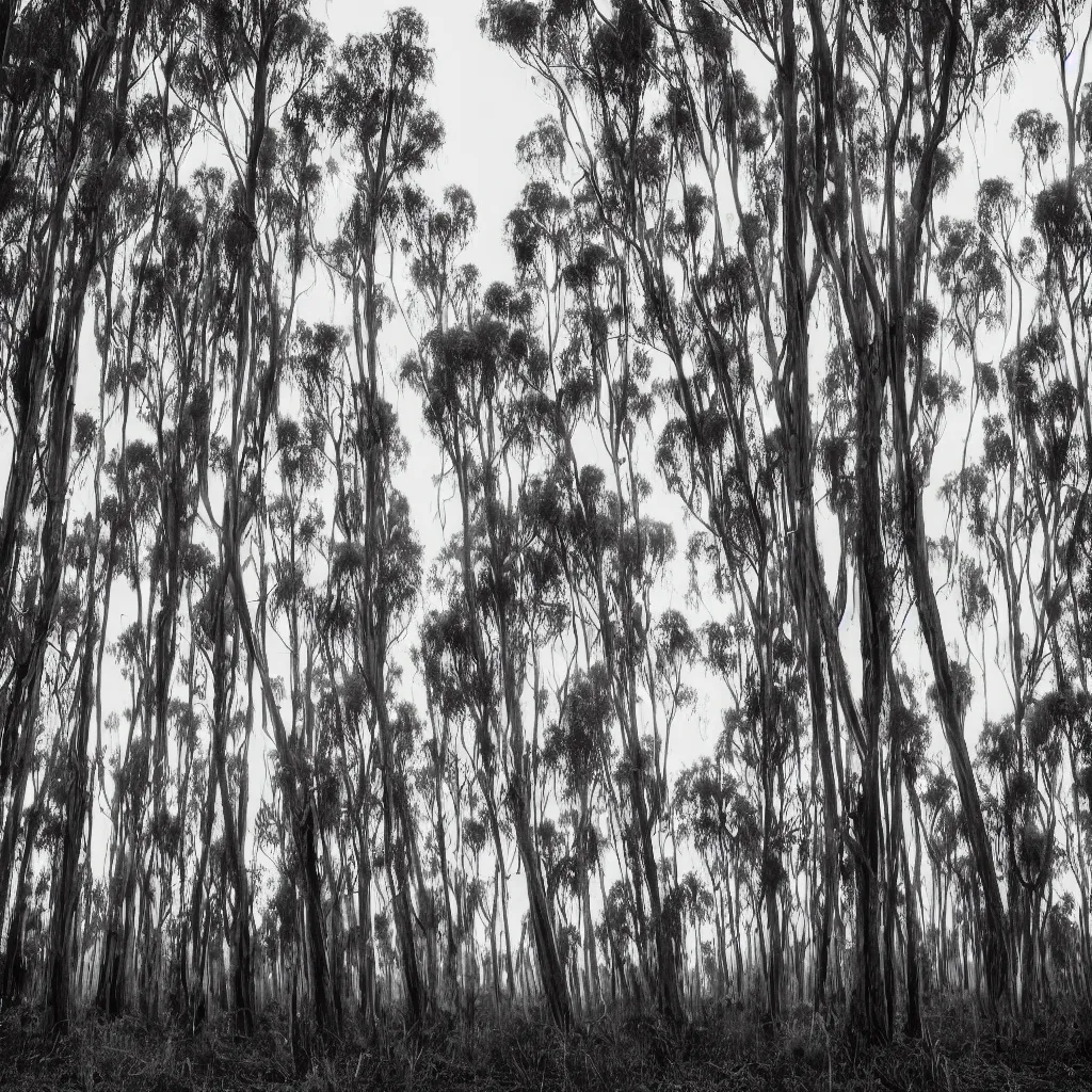 Image similar to long exposure photograph of eucalyptus trees moving by a strong wind, back light, sony ar 7 ii, photographed by trent parke