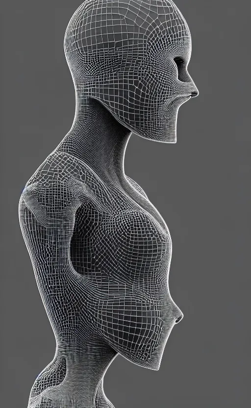Image similar to black and white complex 3d render of 1 beautiful profile woman porcelain face, vegetal dragon cyborg, 150 mm, sinuous flower stems, roots, leaves, fine lace, maze-like, mandelbot fractal, anatomical, facial muscles, cable wires, microchip, elegant, highly detailed, black metalic armour with silver details, rim light, octane render, H.R. Giger style, David Uzochukwu