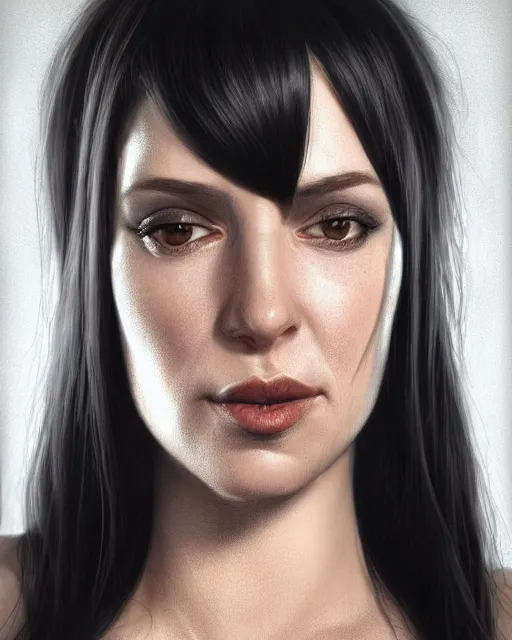 Prompt: portrait of a tall 4 0 - year - old woman, very thin lips, long, lush unkempt black hair, and thick eyebrows, wearing in black clothes, hyper realistic face, beautiful eyes, character art, art by mark brooks, hyperdetailed, cryengine, trending on artstation, digital art