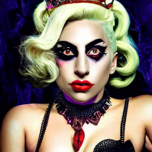 Prompt: detailed 4 k photorealistic lady gaga as harley queen make up and costum in the style of nick ut and eddie adams and margaret bourke and yousuf karshs and alfred eisenstaedt