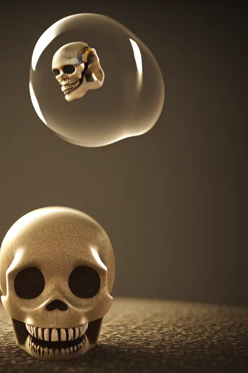 Image similar to photo of a bubble in the shape of a skull, highly detailed, masterpiece, photorealistic, octane render, volumetric lighting, depth of field