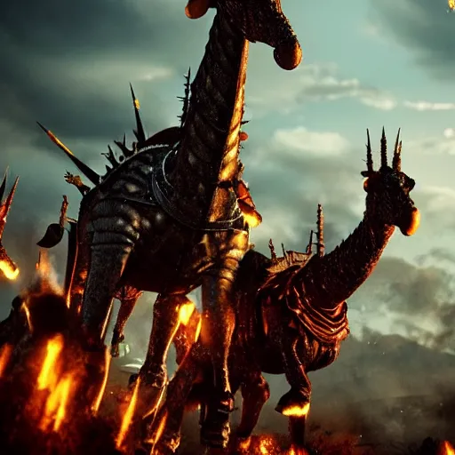 Prompt: a giant fire breathing giraffe wearing intricate spiked iron battle armor attacking a group of fleeing knights, dramatic lighting, highly detailed, photorealistic, cinematic, octane render