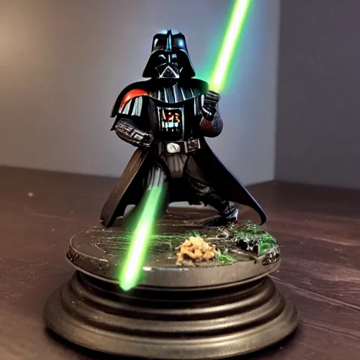 Image similar to Darth Vader collects miniature battles of Warhammer 40,000 space marine figurines on his desktop at a table with a bright lamp, realism, depth of field, focus on Darth Vader,