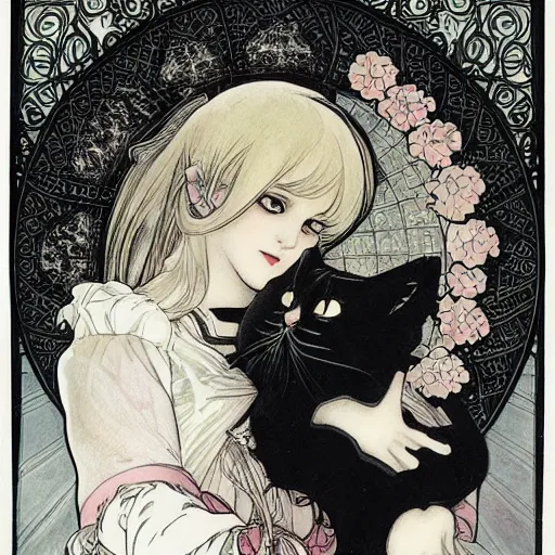 Prompt: gothic lolita and her cat companion. chiaroscuro manga artbook illustration by clamp and alphonse mucha.