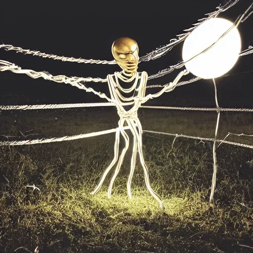 Image similar to “photo of a glowing liquid metal alien figure wrapped in cables and barbed wire standing in the middle of a core field at nighttime, midnight. Flash photo. Cursed image”