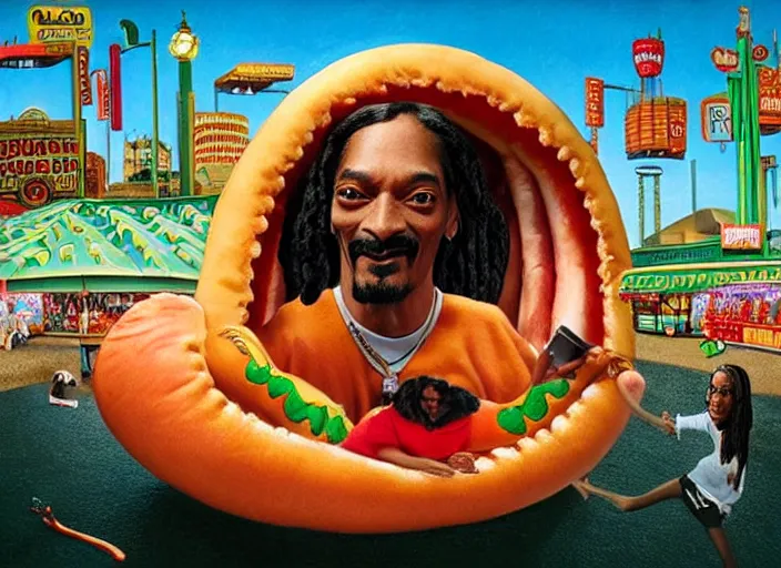 Image similar to snoop dogg inside a hot dog, lowbrow, matte painting, 3 - d highly detailed, in the style of mark ryden,