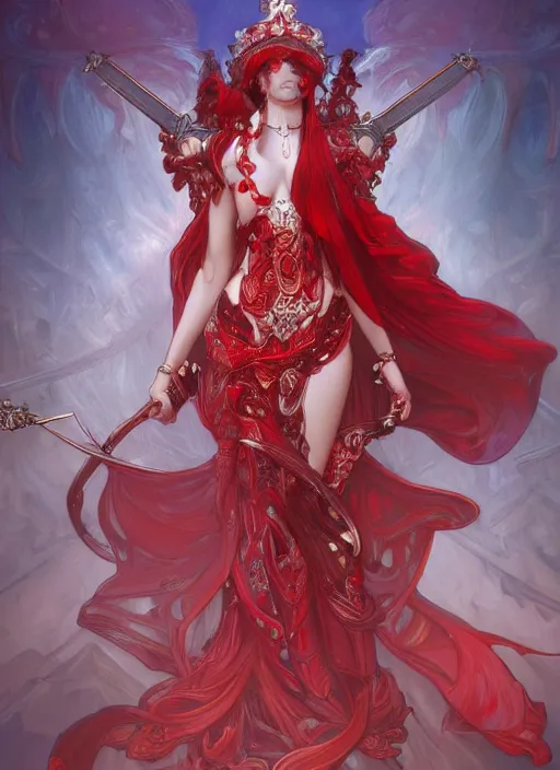 Prompt: red fantasy sword, intricate, elegant, highly detailed, digital painting, 4k, HDR, concept art, detailed jewelry, smooth, sharp focus, illustration, art by Artgerm, Alphonse Mucha