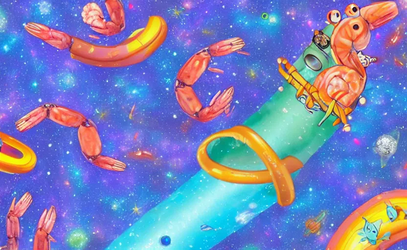 Image similar to a giant water slide through space with shrimp characters on it, colorful nebula's, earth in the background