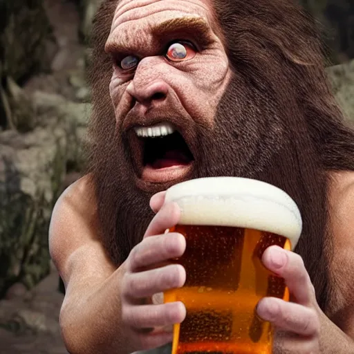 Image similar to photo of ancient caveman surprised to discover beer for the first time, high detail, ultra realistic, 4k UHD, pristine