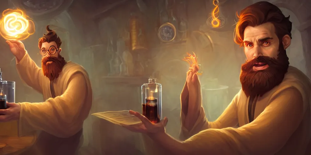 Prompt: a handsome bearded caucasian male sorcerer with brown hair he is casting a spell with flowing energy, he is in a alchemist lab filled with beakers and equipment, neutral pose, sharp focus, waist up, epic composition, 4 k, by rudy siswanto and anna podedworna