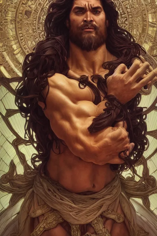 Image similar to hulking herculean ogre jesus christ, masterpiece, intricate, elegant, highly detailed, digital painting, artstation, concept art, smooth, sharp focus, illustration, art by artgerm and greg rutkowski and alphonse mucha and uang guangjian and gil elvgren and sachin teng, symmetry!!