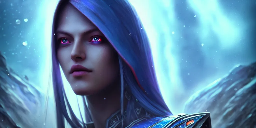 Image similar to ( ( ( ( ( hyperrealist distant portrait of sylvanas windrunner on a blue planet where it rains colors. ) ) ) ) ) by bayard wu, fantasy, photorealistic, octane render, unreal engine, dynamic lighting, trending on artstation, poster, volumetric lighting, very detailed faces, 4 k, award winning