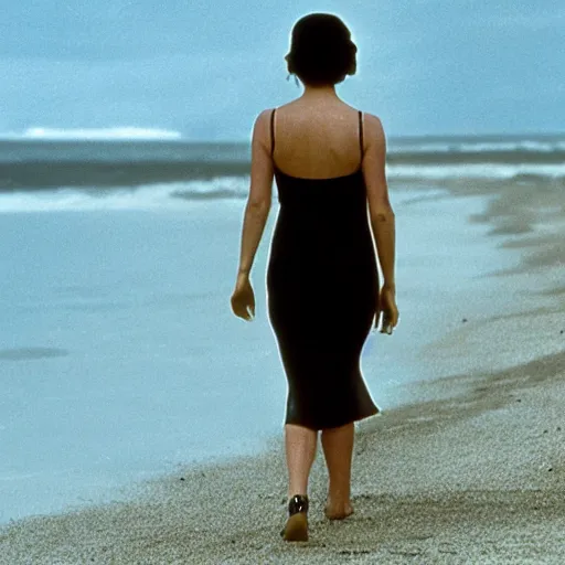 Prompt: bond girl walking at beach, photo, Hollywood movie