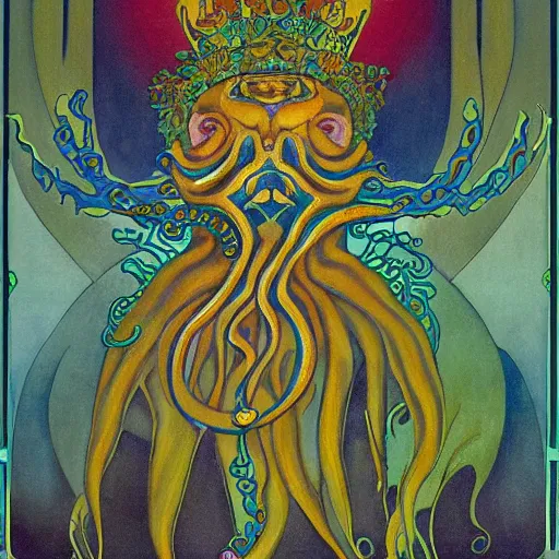 Prompt: bioluminescent tentacle king, by annie swynnerton and leo and diane dillon and adolf wolfli and ( diego rivera ), elaborate costume, flowers, iridescent beetles, rich color, dramatic cinematic lighting, smooth, sharp focus, extremely detailed