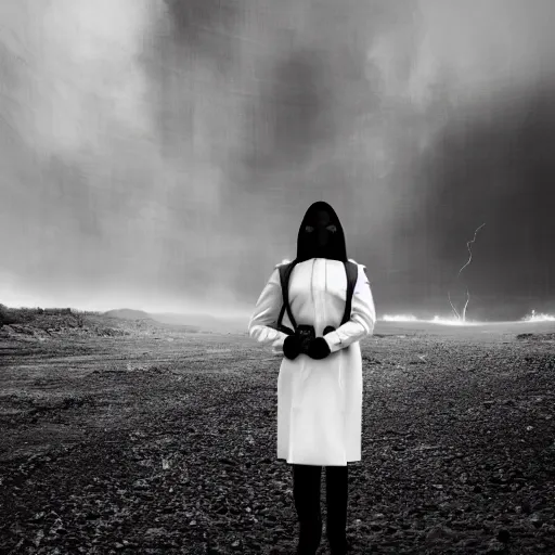 Image similar to agent woman with white suit, she wear gasmask, in mordor, standing close to Sauron's eye, fire raining, professional photography, black and white, cinematic, eerie