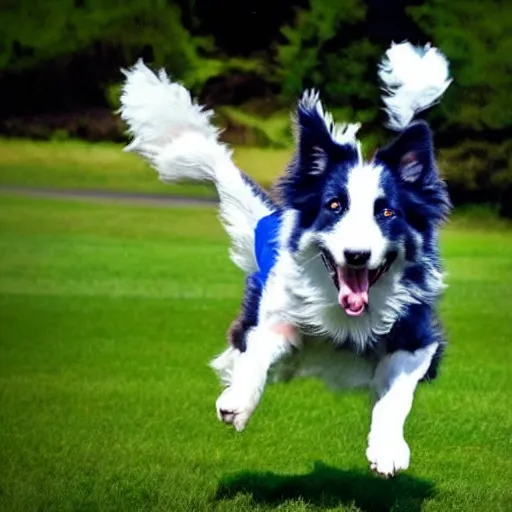 Prompt: a blue border collie jumping and catching a frisbee