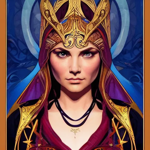 Prompt: head-on symmetrical centered painted portrait, Elisha Cuthbert as a paladin, art nouveau, tarot card style, medieval robes, fantasy, intricate, elegant, highly detailed, smooth, sharp focus, illustration, artstation, in the style of Artgerm and Anna Podedworna and Alex Ross and Mucha