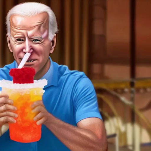 Image similar to a caricature of Joe Biden drinking a slushie at disney world