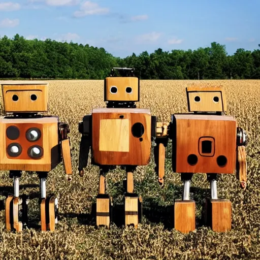 Prompt: Happy anthropromorphic robots made out of wood working in the fields