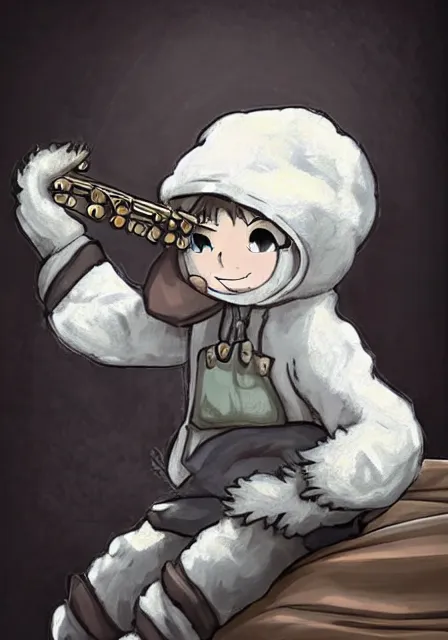 Prompt: little boy wearing sheep suit playing an flute sitting on bed. white, gray, blue, green and brown pallet color. made in abyss art style, inspired in kris from deltarrune, cute detailed artwork, anatomically correct