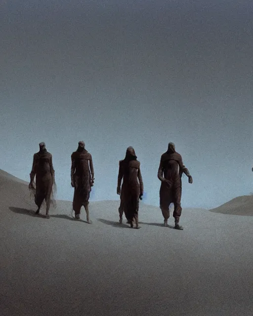 Prompt: group of fremen walking through the desert, retrofuturism sci - fi old movie, highly detailed, photorealistic, 8 k, by beksinski and stalenhag