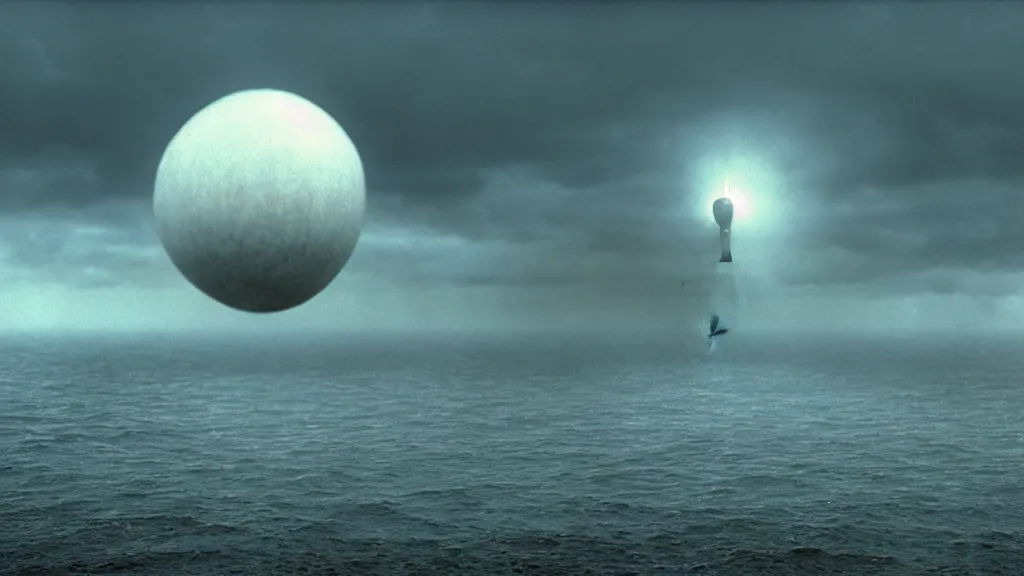 Image similar to a giant white spherical spaceship descends upon a cloudy beach off the cliffs of Dover, film still from the movie directed by Denis Villeneuve with art direction by Zdzisław Beksiński, wide lens