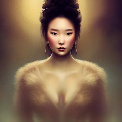 Image similar to beautiful elegant mongolian princess royalty portrait in sensual pose, face centered portrait, confident, fog, volumetric lighting, beautiful, golden hour, sharp focus, ultra detailed, conceptartworld by leesha hannigan, ross tran, thierry doizon, kai carpenter, ignacio fernandez rios