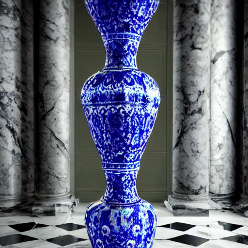 Image similar to An ornate baroque vase breaking on the marble tile floor, exploding into dust, dark-blue light-blue gold silver white black beige, volumetric dust rays, intricate detail, ultra realistic, cinematic lighting, moody, wet, shiny