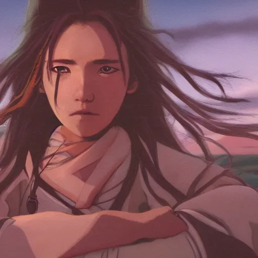 Image similar to portrait of woman, long brown hair, cloth, princess mononoke, 4 k, greg rutkowski, high detail, dramatic lighting, sunset, hayao miyazaki, masashi ando, nizou yamamoto, kazuo oga, joe hisaishi, yoji takeshige, naoya tanaka