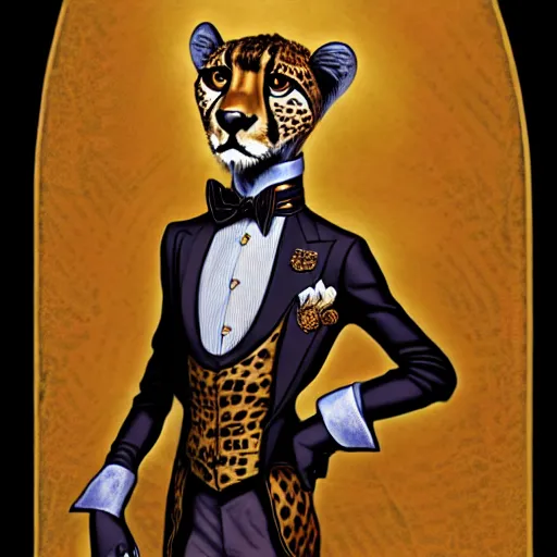 Image similar to A portrait of a steampunk anthropomorphic cheetah wearing a suit in a palace by James Gurney. Highly detailed; incredibly beautiful.