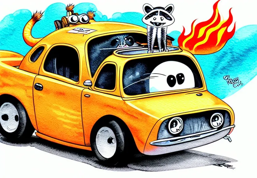 Prompt: cute and funny, racoon riding in a tiny hot rod coupe with oversized engine and exhaust pipes with flames coming out of the tips, ratfink style by ed roth, centered award winning watercolor pen illustration, isometric illustration by chihiro iwasaki, edited by range murata