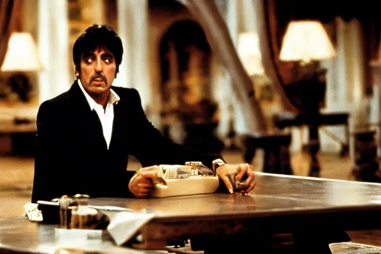 Image similar to tony montana from movie scarface 1 9 8 3 sitting behind a big black oak table with big large packages of flour. long shot. al pacino. perfect symmetric face, coherent eyes, fine details, 4 k, ron cobb, cinestill. last scene from scarface movie