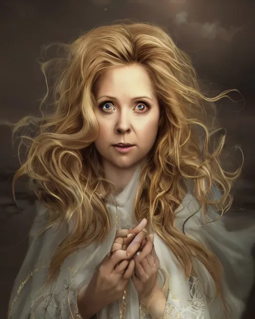 Prompt: happy whimsical jenna fischer cleric, long blonde wind swept hair, ethereal, dreamy, backlit, highly detailed, stern expression, realistic lighting, sharp focus, windswept, rule of thirds, symmetrical facial features, by artgerm, wlop, rossdraws, frank frazetta, andrei riabovitchev, trending on artstation, hd, 4 k, fantasy