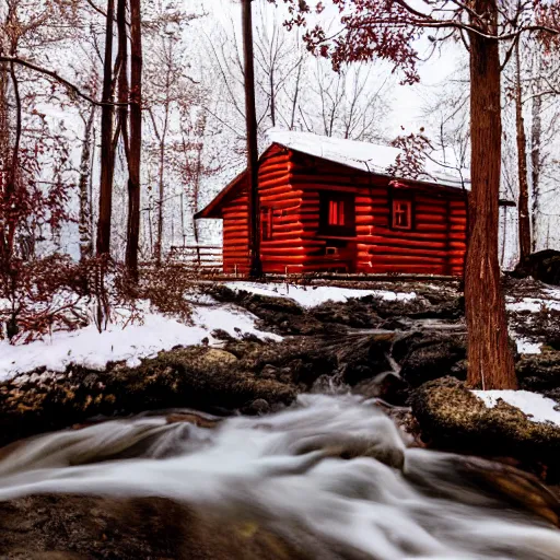 Image similar to a landscape picture of a cabin in a forest during winter with a stream made of red hot lava flowing next to it