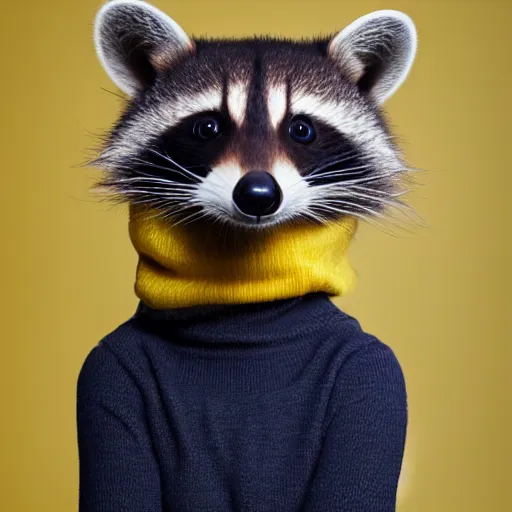 Image similar to happy racoon wearing a yellow turtleneck, studio, portrait, facing camera, studio, dark bg