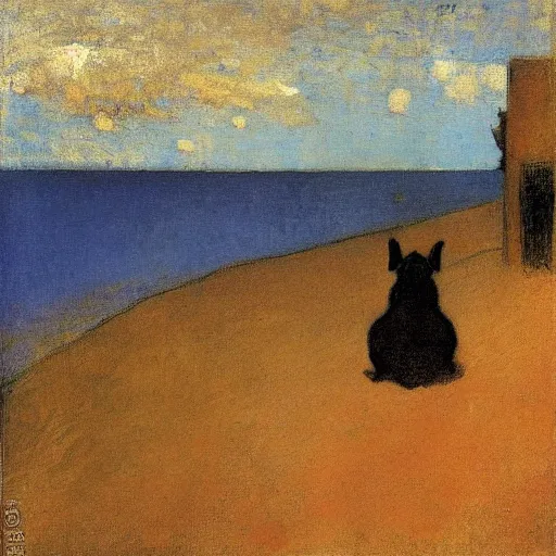 Image similar to a woman and her black and brown chihuahua looking out to sea by odilon redon