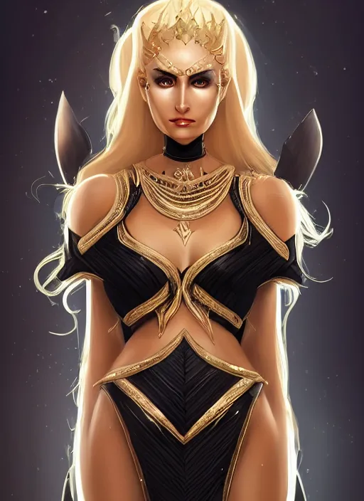 Prompt: a highly detailed illustration of fierce blonde tanned skin goddess ereshkigal wearing black dress, dramatic elegant powerful pose, perfect face, perfect body, intricate, elegant, highly detailed, centered, digital painting, artstation, concept art, smooth, sharp focus, league of legends concept art, wlop