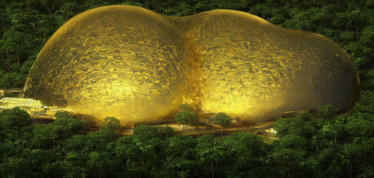 Image similar to futuristic shinny golden mirror building camouflaged in an jungle landscape of a solarpunk world by frank gerhy and oscar niemeyer, shinny golden roads and bridges designed by zaha hadid, movie poster, spiral golden ratio, at dusk lighting, evening lighting, reflections, film still, hyper realistic, octane render redshift arnold materials unreal engine, 8 k post production, hyper detailed