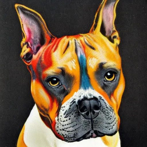Prompt: staffordshire terrier boxer mix, painted by Louis Wain