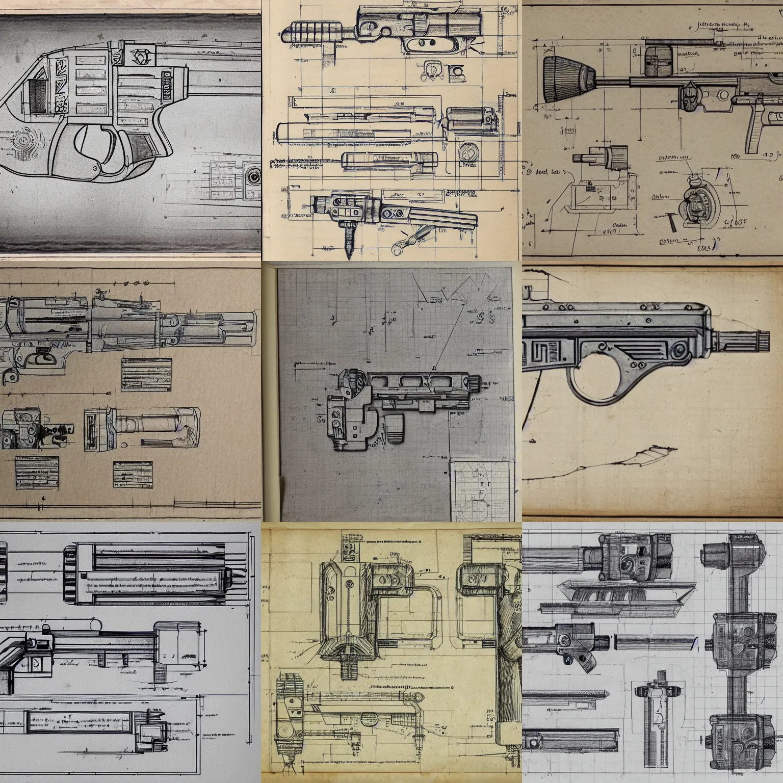 Prompt: blueprint drawings for a plasma gun, rugged pages, year 1700 style, davinci, clear descriptions and labels