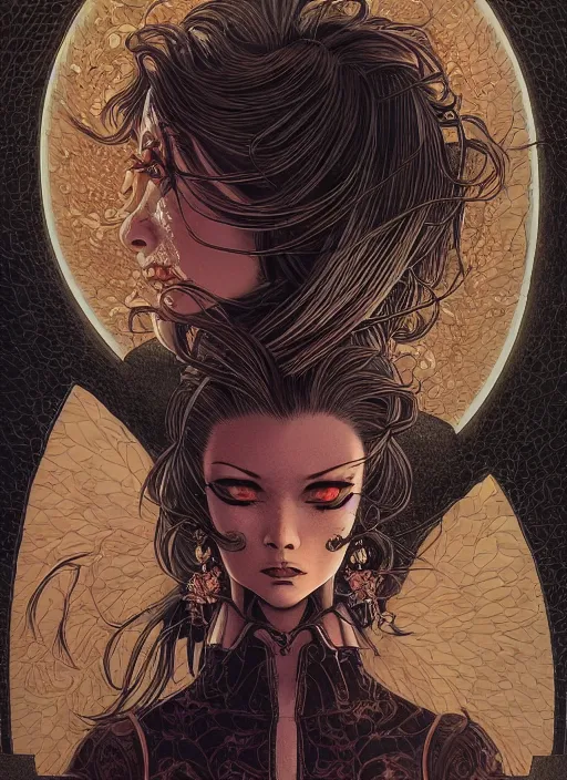 Prompt: portrait of an intense woman with a crooked nose, symmetrical, glamour, by yoichi hatakenaka, masamune shirow, josan gonzales and dan mumford, ayami kojima, takato yamamoto, barclay shaw, karol bak, yukito kishiro