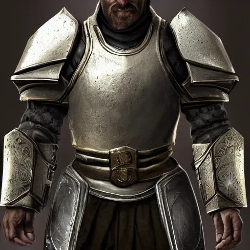 Prompt: unknown the elder scrolls vi character portrait partially clothed in metal - plated battle armor atmospheric lighting painted intricate volume